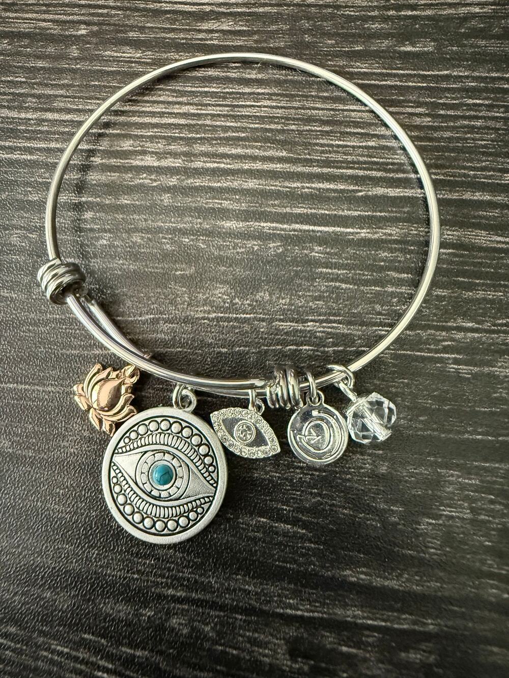 Love this Life Expandable Wire Charm Bangle Featuring Evil Eye Protection